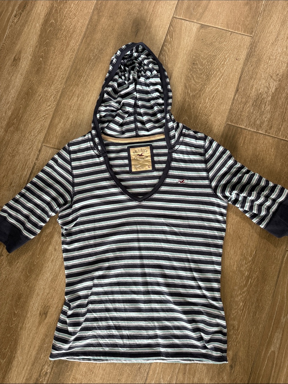 Hollister Striped Hooded Tee in Navy, White & Light Blue large